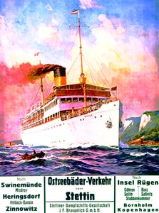 "East Sea Baths Transportation: Szczecin", juliste, joka mainostaa Szczecinin höyrylaivayhtiötä, 1908